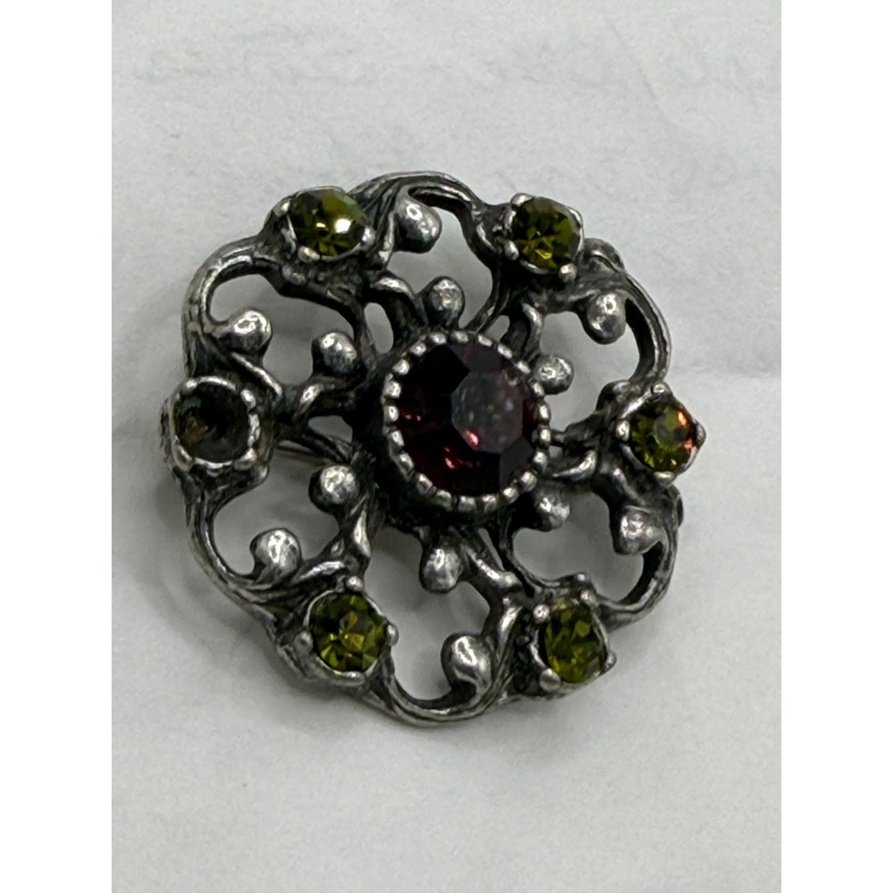 Vintage Purple Green Rhinestone Openwork Brooch Silver Tone Floral Pin Stone